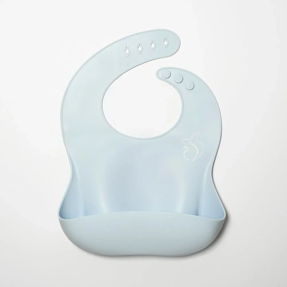 Pastel Blue Silicone Bib with catcher for baby.